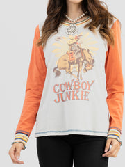 Delila Women Mineral Wash “Cowboy Junkie” Graphic Long Sleeve Shirt DL-T078
