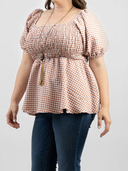 American Bling Women Gingham/Check Fabric Short Puff Sleeve Plus Size Top AB-T1006