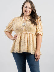 American Bling Women Shirred Floral Print Peplum Waist Plus Size Blouse AB-TS1002