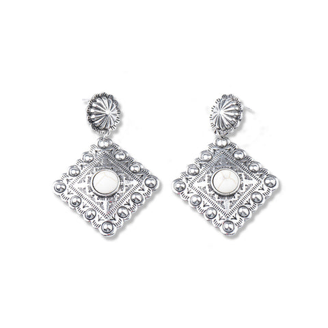 ER190810-02 White Stone with Silver Rhombus Shape Earring