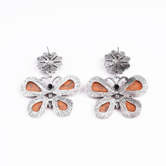 ER221015-06  Silver Base Orange Turquoise Stone Flower Butterfly Shape Dangling Earring