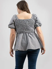 American Bling Women Gingham/Check Fabric Short Puff Sleeve Plus Size Top AB-T1006