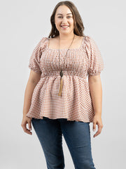 American Bling Women Gingham/Check Fabric Short Puff Sleeve Plus Size Top AB-T1006