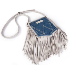 WG44-8360 Wrangler Leather Fringe Jean Denim Pocket Crossbody - White