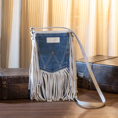 WG44-8360 Wrangler Leather Fringe Jean Denim Pocket Crossbody - White
