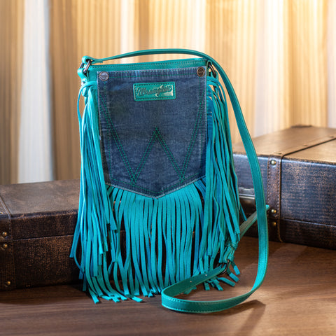 WG44-8360 Wrangler Leather Fringe Jean Denim Pocket Crossbody - Turquoise