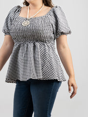 American Bling Women Gingham/Check Fabric Short Puff Sleeve Plus Size Top AB-T1006