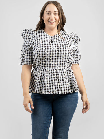 American Bling Women Daisy Print Gingham Plus Size Short Sleeve Top AB-T1007