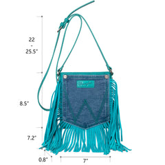 WG44-8360 Wrangler Leather Fringe Jean Denim Pocket Crossbody - Turquoise