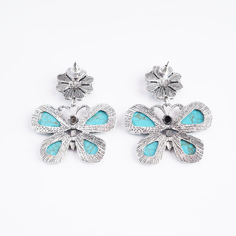 ER221015-06  Silver Base Turquoise Stone Flower Butterfly Shape Dangling Earring
