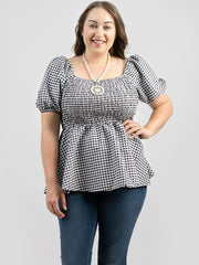 American Bling Women Gingham/Check Fabric Short Puff Sleeve Plus Size Top AB-T1006