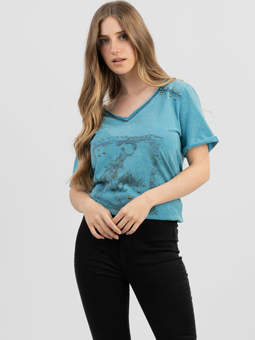 Delila Women Mineral Wash “Rodeo Horse” Graphic Short Sleeve Tee DL-T010（Prepack 9 Pcs）