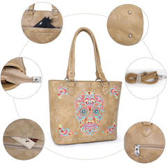ABZ-G012 American Bling  Embroidered Sugar Skull Tote and Wallet Set-Brown