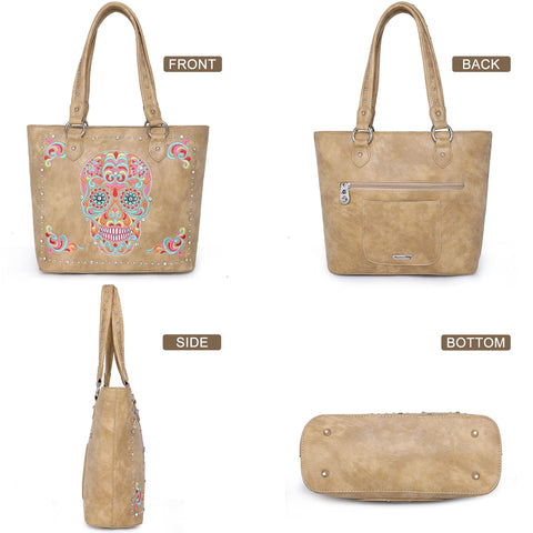 ABZ-G012 American Bling  Embroidered Sugar Skull Tote and Wallet Set-Brown
