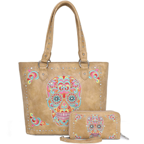 ABZ-G012 American Bling  Embroidered Sugar Skull Tote and Wallet Set-Brown