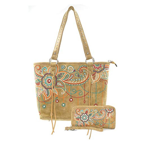 ABZ-G016W American Bling Floral Embroidered Tote and Wallet Set-Khaki