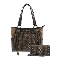 ABZ-G017 American Bling Floral Embossed Tote and Wallet Set-Coffee