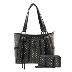 ABZ-G017 American Bling Floral Embossed Tote and Wallet Set-Black