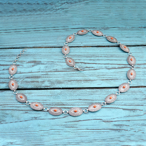 BLT220630-03  Western Oval Stone Concho Chain Belt