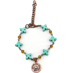 BR140628-04 Turquoise Beads & Crystal Linked Bracelet With 12 GAUGE Charm