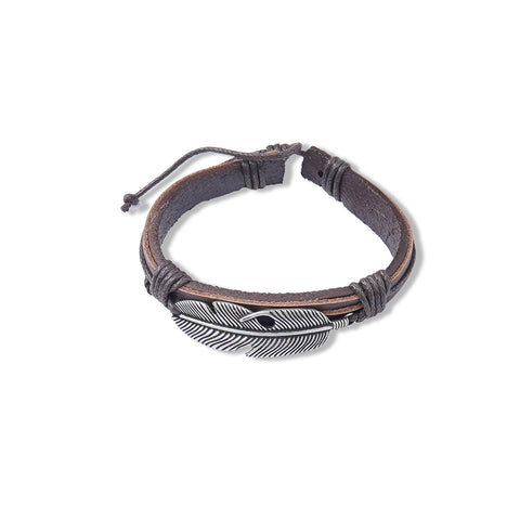 BR220525-23 Silver Leaf Shape Concho With Leather Cord Bracelet