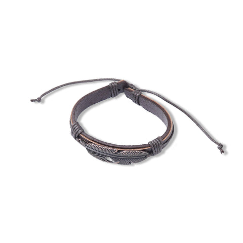 BR220525-25 Bronze Leaf Shape Concho With Leather Cord Bracelet