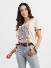 Delila Women Washed Print Tee With Embroidery & Studs DL-T008