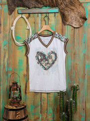 Women's Mineral Wash Contrast Stitched Studded Heart Graphic Short Sleeve Tee - Cowgirl Wear