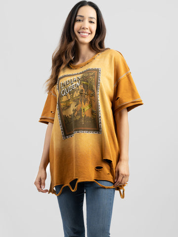 Delila Women Mineral Wash Abrasion "INDIAN QUEEN" Graphic Short Sleeve Shirt DL-T073