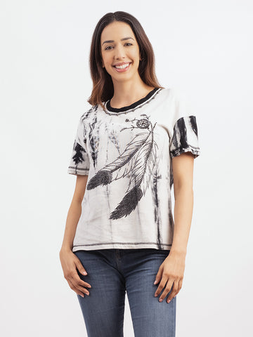 Delila Women Mineral Wash Feather Graphic Short Sleeve Tee DL-T045