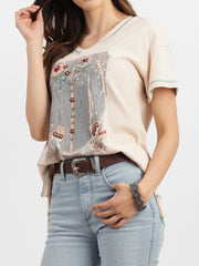 Delila Women Washed Print Tee With Embroidery & Studs DL-T008