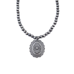 NKY210310-01 Western Silver Beads Oval Pendant Necklace