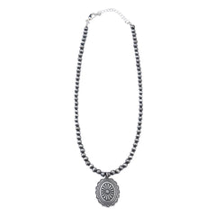 NKY210310-01 Western Silver Beads Oval Pendant Necklace