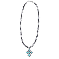 NKY210310-03 Western Silver Beads with Turquoise Cross Pendant Necklace