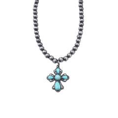NKY210310-03 Western Silver Beads with Turquoise Cross Pendant Necklace