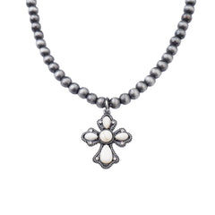 NKY210310-03 Western Silver Beads with White-Turquoise Cross Pendant Necklace