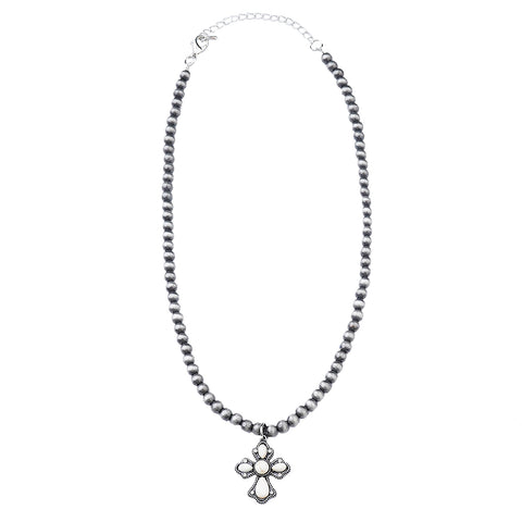 NKY210310-03 Western Silver Beads with White-Turquoise Cross Pendant Necklace