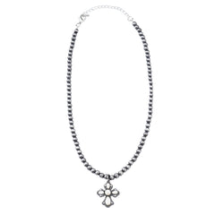NKY210310-03 Western Silver Beads with White-Turquoise Cross Pendant Necklace