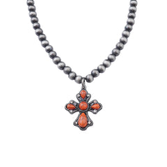 NKY210310-03 Western Silver Beads with Orange-Turquoise Cross Pendant Necklace