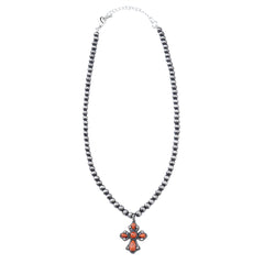 NKY210310-03 Western Silver Beads with Orange-Turquoise Cross Pendant Necklace