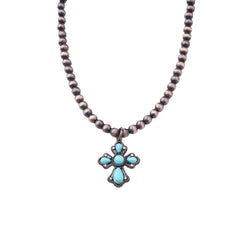NKY210310-03 Western Copper Beads with Turquoise Cross Pendant Necklace