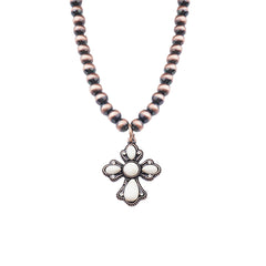 NKY210310-03 Western Copper Beads with White-Turquoise Cross Pendant Necklace