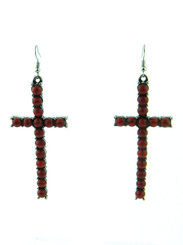 ERS180331-01SLV/RD  Silver Plating Red TQ Beads Cross Earring