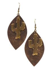 ERZ180905 10-16 Leaf Shape Leather-Rippled Texture Earring with Cactus
