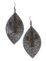 ERZ180905 10-16 Leaf Shape Leather-Rippled Texture Earring with Cactus