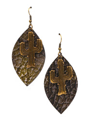 ERZ180905 10-16 Leaf Shape Leather-Rippled Texture Earring with Cactus