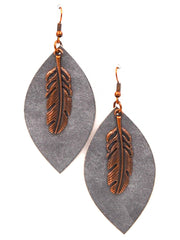 ERZ180905-17 Leaf Shape leather Earring with Feather Charm