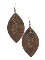 ERZ180905-18 Leaf Shape leather Earring with Feather Charm