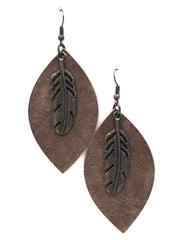 ERZ180905-19 Leaf Shape leather Earring with Feather Charm