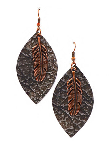ERZ180905-21 Leaf Shape leather Earring with Feather Charm
